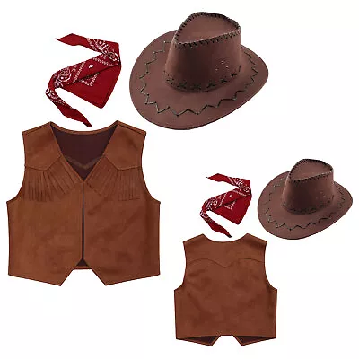 Kids Boys Western Cowboy Costume Suede Tassel Vest Hat Bandanna Halloween Outfit • $8.82