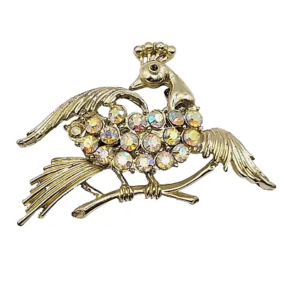 Peacock Bird Aurora Borealis AB Crystal Rhinestone Vintage MCM Era Brooch Pin • $17.95