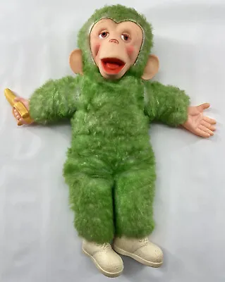 VTG Green Stuffed Monkey With Rubber Face -Banana-16 -1950s Korea VERY RARE Gift • $99.41