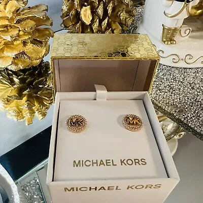 MICHAEL KORS MK Logo Yellow Gold Stud Earrings Crystals MKJX7324791 MK GIFT BOX • $79.95