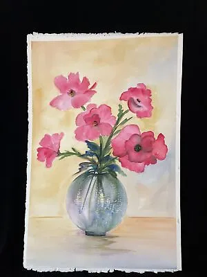 Vintage Original Floral Watercolor Still Life Bouquet Pink Flowers 15x22  • $34.50