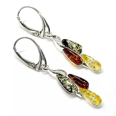 925 Solid Sterling Silver Multicolor Baltic Amber Drop Style Leverback Earrings • $34.99