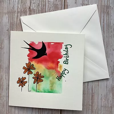 £2.95 • Buy Hand Painted Birthday Card, Bird And Flowers Original Art Card