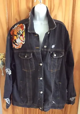 £10 • Buy Denim Black Jacket Tiger/butterfly/Dragon Detail ,Distressed  Misguided.size 14.