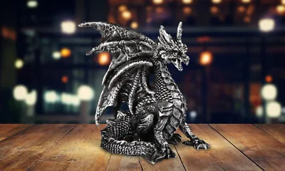 Medieval Silver Dragon Statue 3.75 W Fantasy Collectible Figurine Room Decor • $17.11