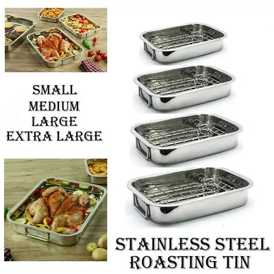 Roasting Tray Oven Pan Dish Stainless Steel Meat Baking Roaster Tin Grill Rack  • £16.89