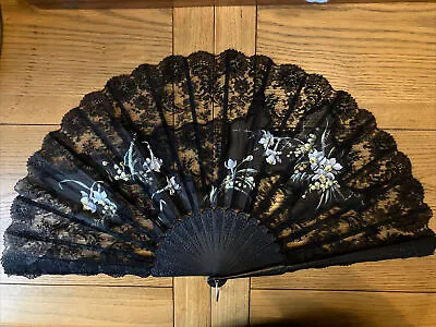 £38 • Buy Beautiful Vintage Black Lace Hand Painted Floral Mourning Fan Wooden Frame