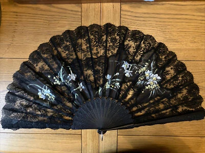£38 • Buy Beautiful Vintage Black Lace Hand Painted Floral Mourning Fan Wooden Frame