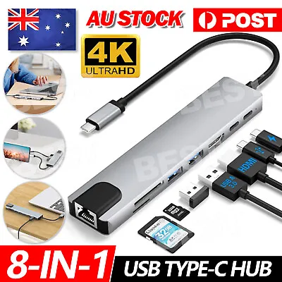8-in-1 USB C Type C Hub 4K HDMI RJ45 Ethernet SD TF Adapter Cable For Laptop Mac • $16.95