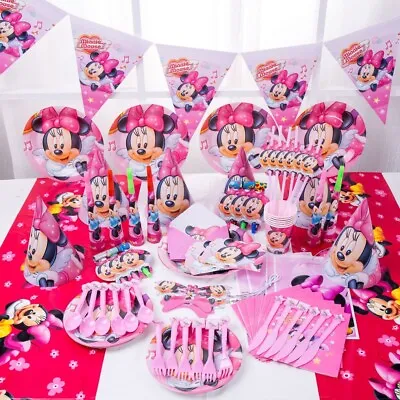 Minnie Mouse Theme Party Birthday Decoration Banner Plates Cover Cups   • £3.99