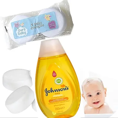 £6.66 • Buy 1x Johnsons Baby Shampoo Liquid 200ml And 2 Baby Bath Body Sponges Soft & Gentle
