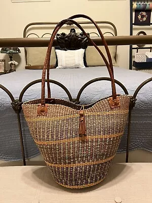 Vintage Woven Raffia Bucket Basket Leather Handles Sisal Market Jute Tote Bag • $45