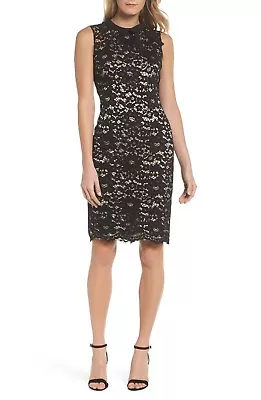$43.61 • Buy 🖤 VINCE CAMUTO Bow Neck Black Nude Romantic Floral Scalloped Lace Dress 6Petite