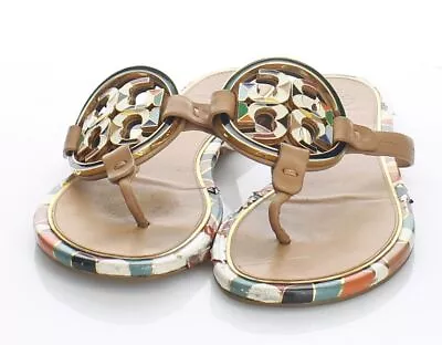 P50 $228 Women's Sz 9.5 M Tory Burch Miller Metal-Logo Leather Flat Sandals • $34.99