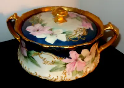 C1890 T&V Limoges Porcelain Covered Bowl Biscut Jar W/ Lid Hand Painted • $105.95