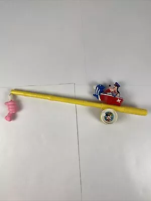 Vintage Disney Fishing Rod Goofy In A Boat Toy Pole With Worm Yellow • $33.95