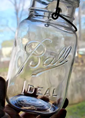 Vintage Ball Ideal Mason Quart Jar Clear Glass Lid & Wire Bale Circle Bottom • $5.50