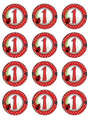 1st Birthday Ladybird Red  Edible Toppers Wafer Or Icing Cupcake X 12 Decoration • £5.91