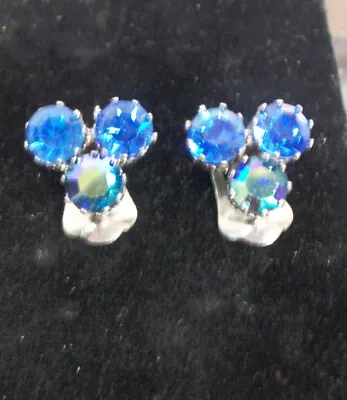 Vintage Earrings Clip-On Crystal Austrian Blue Rhinestone Stunning • $16.75