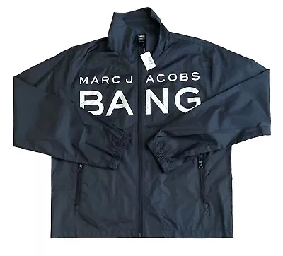 Marc Jacobs Bang Windbreaker Jacket Large Black Zip Pockets Mock Neck Spellout • £57.86