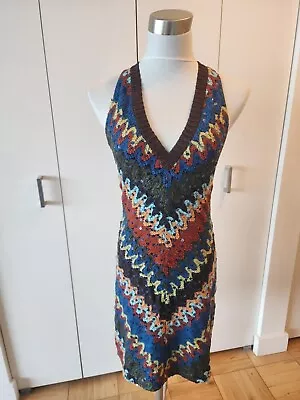 Euc MISSONI Crochet Knit DRESS Sequins Fully-lined IT 42 US 6 -8 Multi-colored • $120