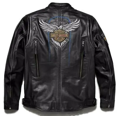 Mens Motorcycle Harley Davidson Vented Genuine Leather Snap Tab Collar Jacket • $139.99