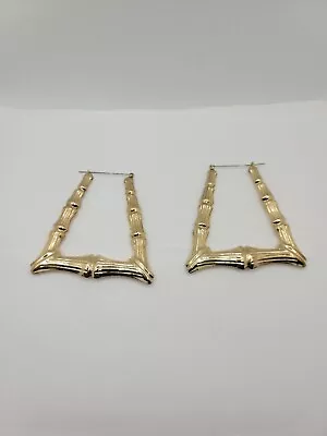 Gold Tone  Metal Bamboo Textured Large Pierced Earrings Vintage • $16.27