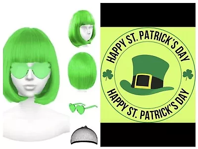 Green Feather Hair Plastic  Glasses Wig Cap Short Straight Bob Grinch Christmas  • $15.99