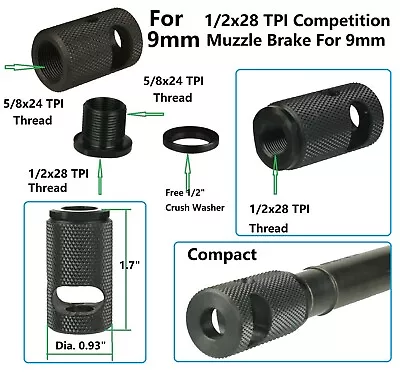 Compact Low Concussion Competition Muzzle Brake Compensator 1/2x28 TPI For 9mm   • $19.99