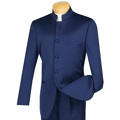 VINCI Men's Navy Blue Banded Collar 5 Button Classic Fit Tuxedo Suit NEW • $100