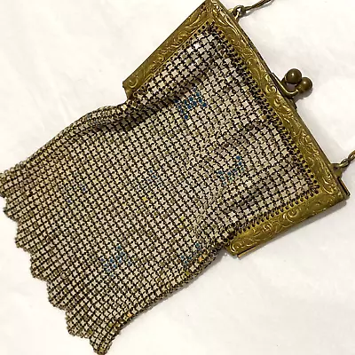 Vintage 1920's Metal Mesh Purse Art Deco Geometric White Enamel Blue Gold Flaws • $51.75