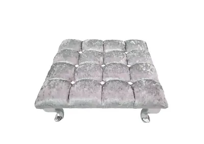 Silver Crushed Velvet Footstool 18x18  Cube Diamante Upholstered Queen Anne • £37.95