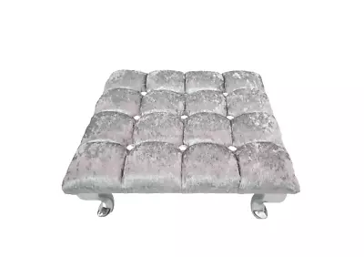 Silver Crushed Velvet Footstool 18x18  Cube Diamante Upholstered Queen Anne • £37.95