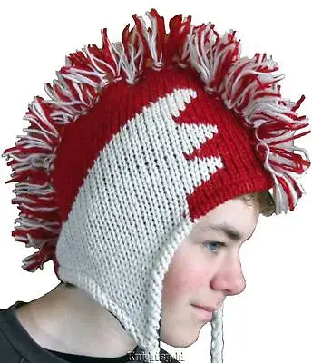 Mohawk Beanie Red White Ski Football Hat 100% Wool Hand Knit Fleece Lined NEPAL • $9.78