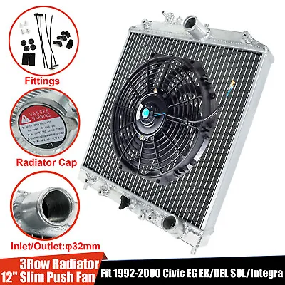 3 Row Aluminum Core Radiator+12 Slim Push Pull Fan Fit 92-00 Civic EG/ Integra • $88.99