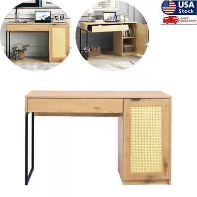 $339.19 • Buy 47' Wicker Computer Desk Work Office Desk Writing PC Table W/ Storage Cabinet