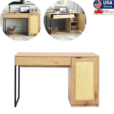 $339.19 • Buy 47' Wicker Computer Desk Work Office Desk Writing PC Table W/ Storage Cabinet