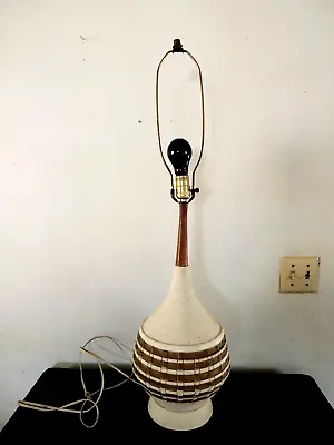 Vintage Mid-Century Danish Modern Teak Wood Ceramic Table Lamp 1960s Eames Era • $49.99