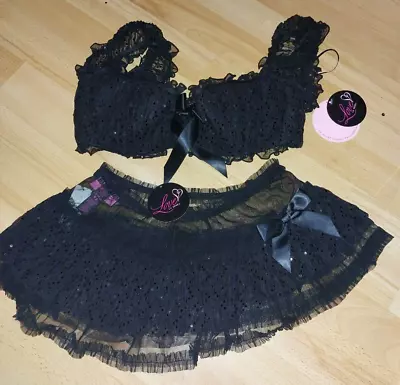 New LA SENZA Black SPARKLY SEQUIN FRILLY Bra & Skirt LINGERIE SET  Size L 12-14 • £34.99