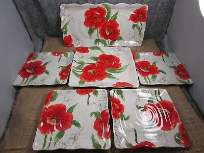 Maxcera  RED POPPY  Plates Ceramic LOT Of 4 Salad/1 Dinner Plate/Serving Platter • $189.99