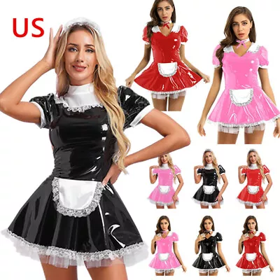 US Freebily Women Wet Look PVC Leather French Maid Costume Outfits Ruffles Dress • $18.39