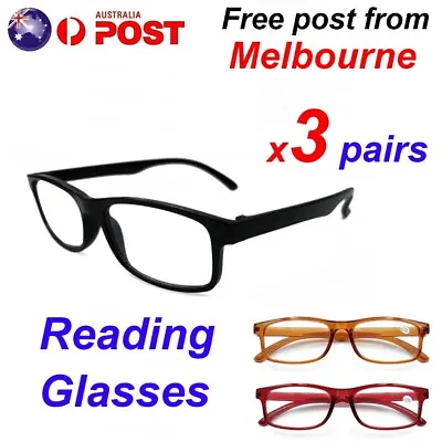 3 Pairs Mens Ladies Wayfarer Frame Magnifying Reading Glasses Nerd Spectacl AU • $5.99