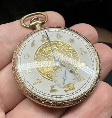 Art Deco Elgin Masonic Dial Pocket Watch Gold Filled Engraved Case 303 7j 12s • $350