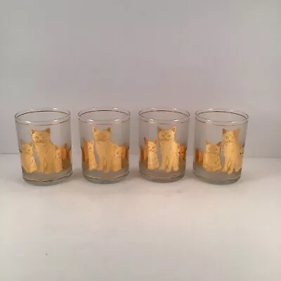 VINTAGE Culver Frosted Old Fashioned Glass 3 Cats Set Of 4 Gold • $61