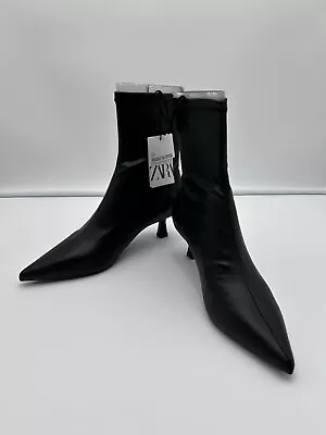 NWT! ZARA Women's Black Faux Leather Ankle Boots Kitten Heel - EU 37 / US 6.5 • $34.99