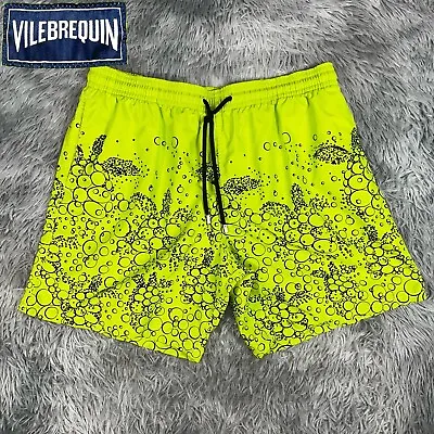 VILEBREQUIN Men’s Moorea Lime Green Bubbles Turtles Lined 7” In Swim Trunks 3XL • $65