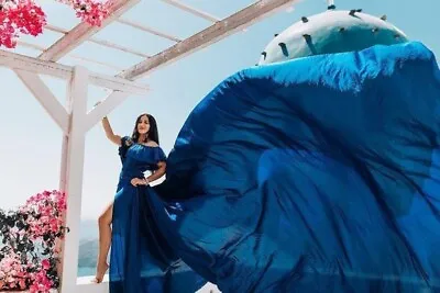 Blue Flowy Long Train Photoshoot Off-Shoulder Long Train Satin Dress For Wedding • $135