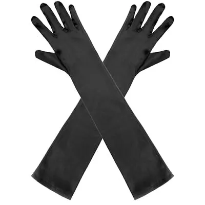 Long Black Gloves Women Fancy Black Satin Gloves Costume 21  Black Elbow Lent... • $12.74