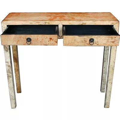 Chinese Antique Furniture - Distressed Leather Wrapped Beige Hall Table (38-004) • $880