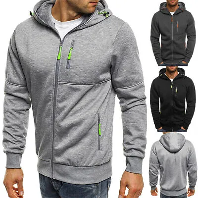 Mens Hoodie Sweatshirt Plain Fleece Zip Up Hooded Zipper Sports Jumper Tops • £10.44